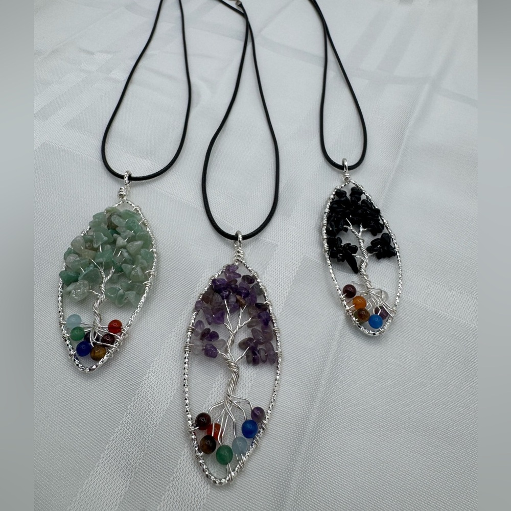 Tree Of Life Chakra (Multi Stone) Silver Finish Wire-Wrapped Pendant CHOOSE 1
